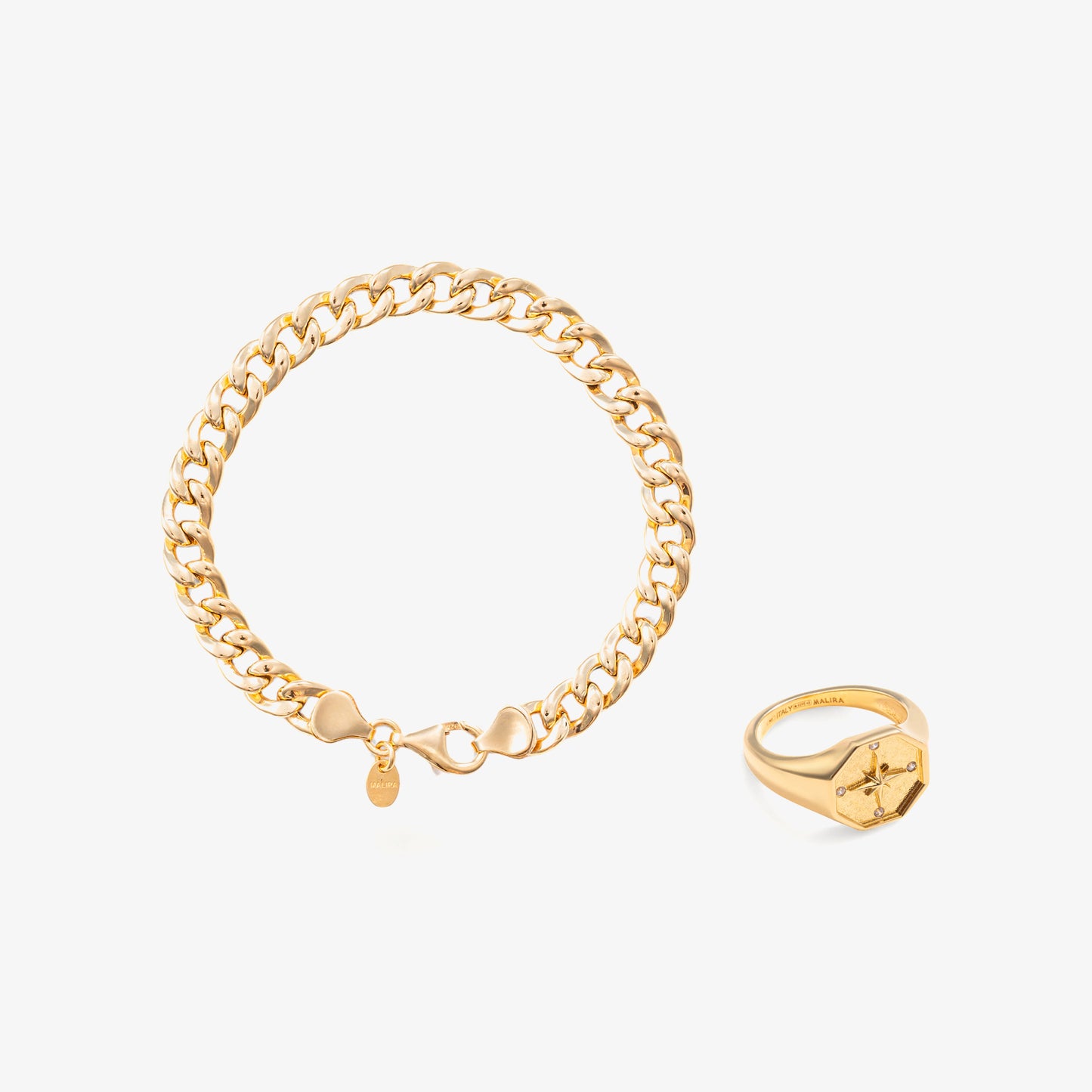 Anello Zefiro Oro e Bracciale Helios Oro di Malira, set coordinato per un'eleganza quotidiana.