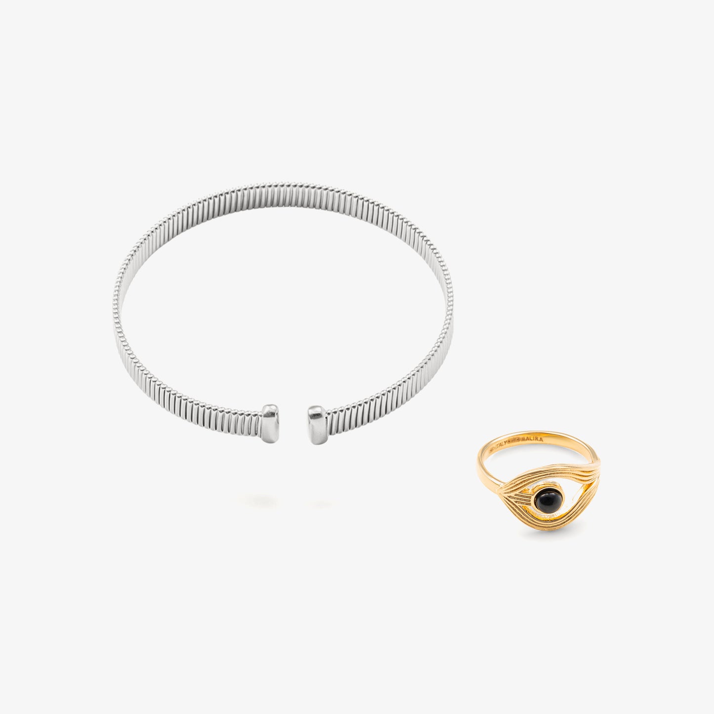 Bracciale Oria Malira in Argento Sterling 925 riciclato, con finitura in Oro 18k, design elegante e scultoreo, perfetto per esprimere forza e equilibrio.