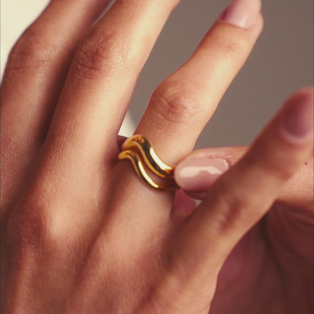 Il video presenta inquadrature ravvicinate di mani femminili che indossano un anello in argento 925 con finitura oro 18k. Le mani si muovono lentamente su sfondo neutro, valorizzando la brillantezza e il design a doppia fascia ondulata dell’anello. Il movimento è fluido, studiato per esaltare i riflessi dorati e le curve del gioiello. L'atmosfera è calda e sofisticata, trasmettendo un senso di eleganza e cura del dettaglio.